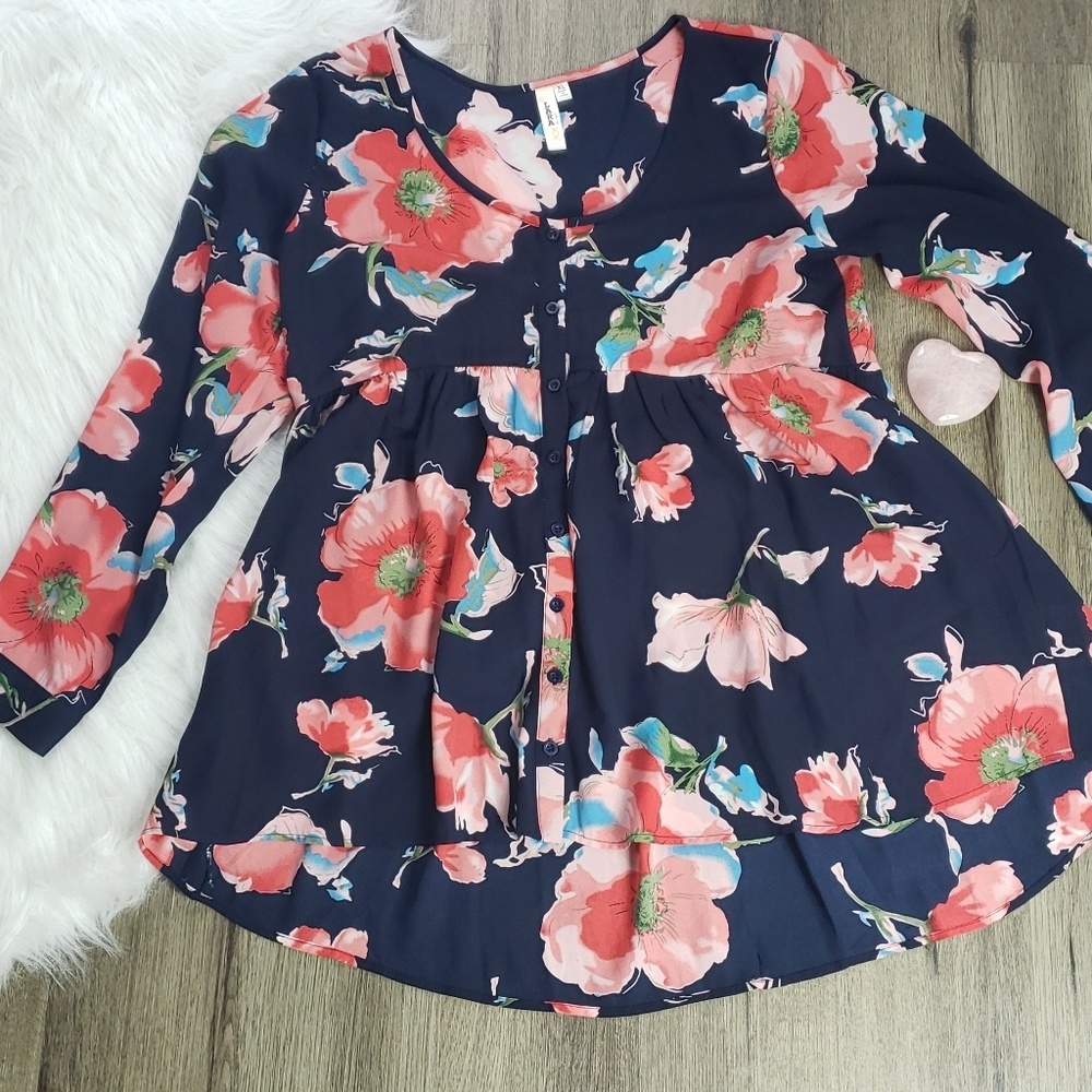 Lara Sheer Floral Flower Top Blouse XL Button